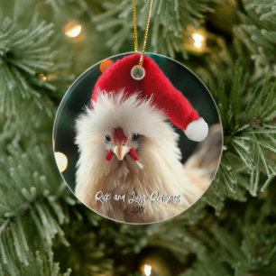 Adorno De Cerámica Gallo Silkie Blanco Lindo en Sombrero de Santa Nav