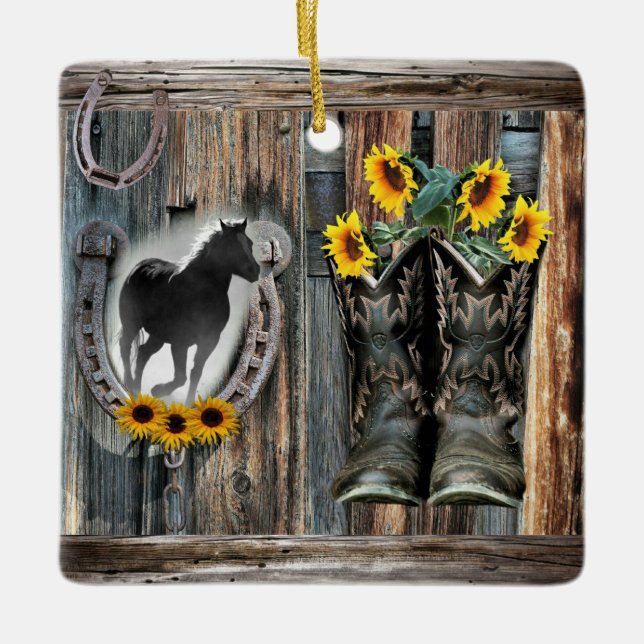Adorno De Cerámica Galopando Cowboy Boots Horseshoe Sunflowers (Anverso)