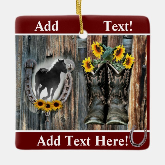 Adorno De Cerámica Galopando Cowboy Boots Horseshoe Sunflowers (Anverso)