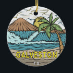 Adorno De Cerámica Galveston Beach Texas Vintage<br><div class="desc">Playa Galveston ilustracion dibujado a mano con montañas y olas oceánicas en el fondo. Perfecto para todo aquel que le guste visitar la playa de Galveston.</div>