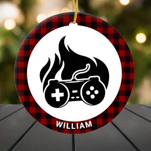Adorno De Cerámica Gamer Boy Name Red Plaid Personalizados Navidades