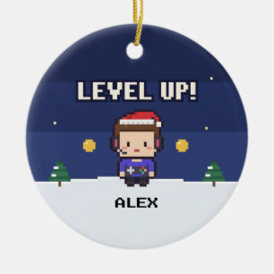 Adorno De Cerámica Gamer Gift Level Up Pixel Christmas Ornament