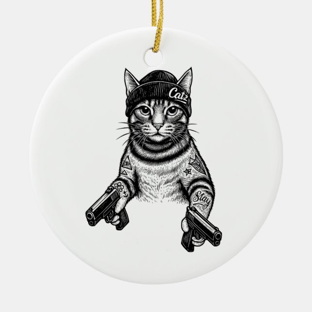Adorno De Cerámica Gangster Cat Tattoo Art | Cool Streetwear Kitty (Frente)