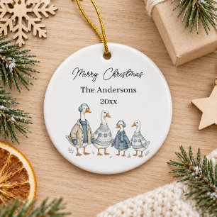 Adorno De Cerámica Ganso de Navidad Familia Azul Acuarela