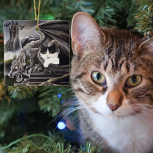 Adorno De Cerámica Gárgola Gótica Gato Fantasía Oscura Castillo