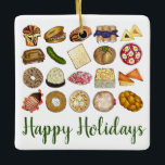 Adorno De Cerámica Gastronomía judía Felices Fiestas Cena<br><div class="desc">El diseño presenta un ilustracion original de una variedad de platos populares en la cocina judía: babka, bagel con queso crema y lox, rugelach, blintzes de arándano azul, hamantash, sandwich de uben, piquete de eneldo kosher, matzah, pichón de espinacas, shakshuka, todo bagel, macaroón de coco, ensalada israelí, kugel, boukrekrekrauchu. como,...</div>
