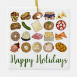 Adorno De Cerámica Gastronomía judía Felices Fiestas Cena<br><div class="desc">El diseño presenta un ilustracion original de una variedad de platos populares en la cocina judía: babka, bagel con queso crema y lox, rugelach, blintzes de arándano azul, hamantash, sandwich de uben, piquete de eneldo kosher, matzah, pichón de espinacas, shakshuka, todo bagel, macaroón de coco, ensalada israelí, kugel, boukrekrekrauchu. como,...</div>