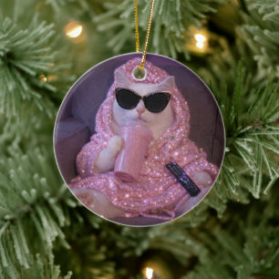 Adorno De Cerámica Gata Glamurosa Perezosa con Gafas de Sol y Bebida 