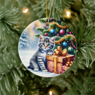 Adorno De Cerámica Gatito Adorable Bajo el Árbol de Navidad