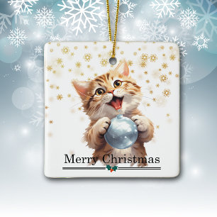 Adorno De Cerámica Gatito atigrado feliz con bombilla de árbol de Nav