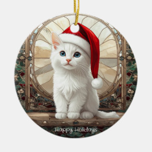 Adorno De Cerámica Gatito Blanco con Sombrero de Santa