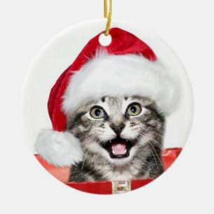 Adorno De Cerámica Gatito del navidad del Tabby