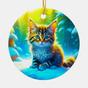 Adorno De Cerámica Gatito dulce jugando en la nieve personalizada