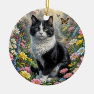 Adorno De Cerámica Gatito en el jardín de flores