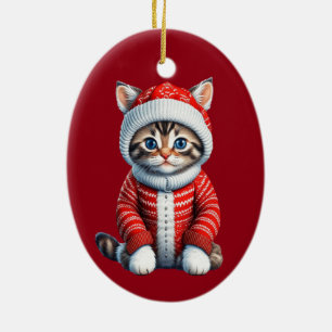 Adorno De Cerámica Gatito en un suéter de Navidades rojos y blancos