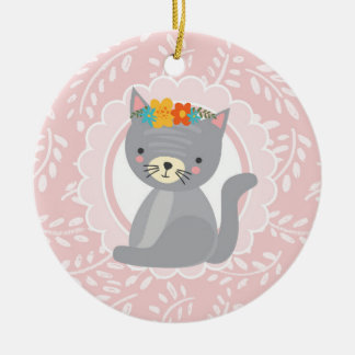 Adorno De Cerámica Gatito grisáceo lindo Gato blanco rosado