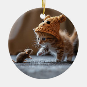 Adorno De Cerámica Gatito jugando con un ratón pequeño