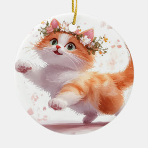 Adorno De Cerámica Gatito Juguetón con Corona de Flores de Margarita