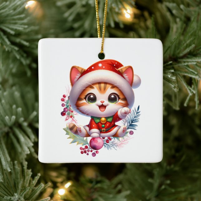 Adorno De Cerámica Gatito lindo en Navidades de disfraces de Santa (Árbol)