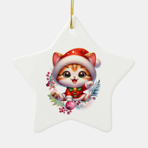 Adorno De Cerámica Gatito lindo en Navidades de disfraces de Santa