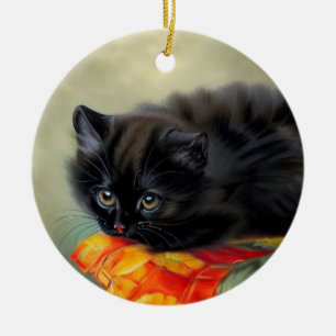 Adorno De Cerámica Gatito negro vintage con manta de flores rojas