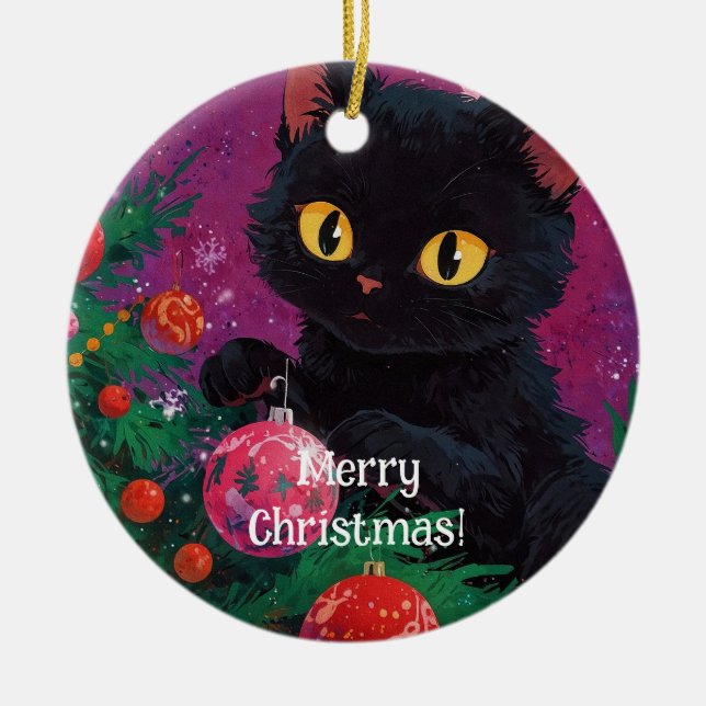 Adorno De Cerámica Gatito negro y árbol de Navidad (Frente)