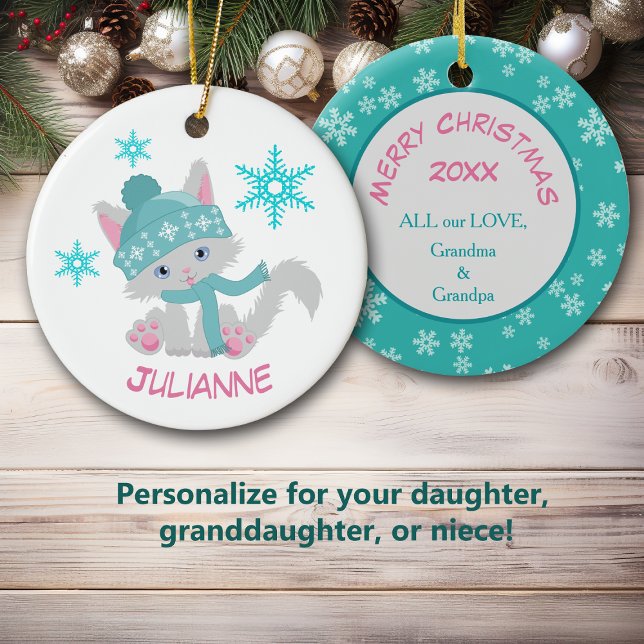 Adorno De Cerámica Gatito Verde azulado de copos de nieve (Subido por el creador)