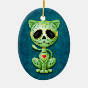 Adorno De Cerámica Gatito verde del azúcar del zombi en azul