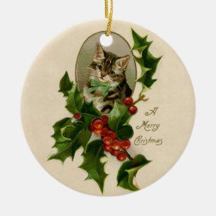 Adorno De Cerámica Gatito Victoriano de Navidad en Tabby Antiguo con
