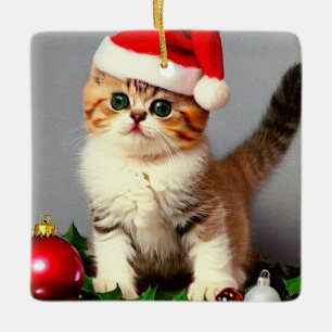 Adorno De Cerámica Gatito vintage de Navidad en Santa Hat