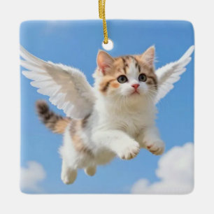 Adorno De Cerámica Gatito Volador Adorable Calico Tabby Cielo Azul