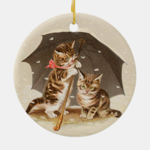 Adorno De Cerámica Gatitos antiguos bajo paraguas arte de gato antigu