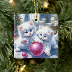 Adorno De Cerámica Gatitos blancos adorables Navidades rosados person