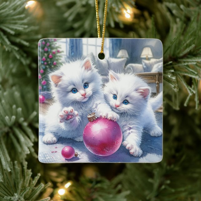 Adorno De Cerámica Gatitos blancos adorables Navidades rosados person (Árbol)