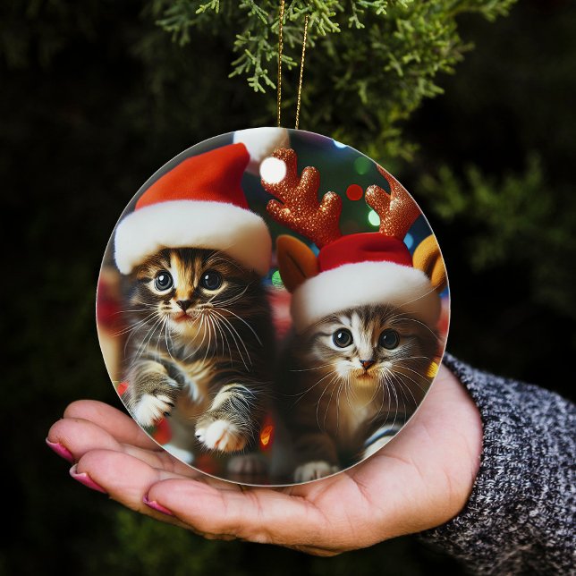 Adorno De Cerámica Gatitos con Santa Claus y gorras de renos (Subido por el creador)