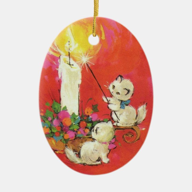 Adorno De Cerámica Gatitos de época iluminan una vela (Frente)