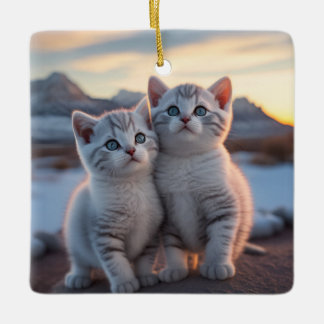 Adorno De Cerámica Gatitos de invierno gemelos Snowy Mountain
