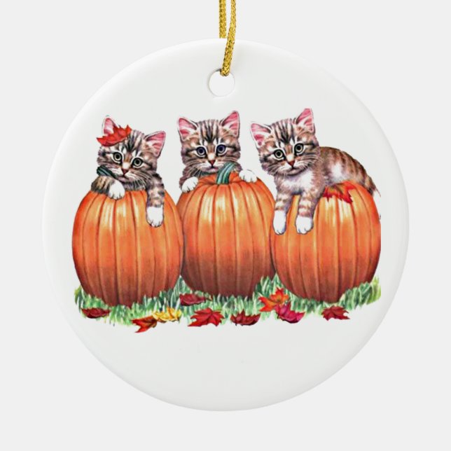 Adorno De Cerámica Gatitos de otoño felices de Halloween en calabazas (Frente)