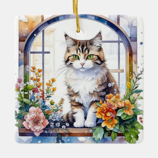 Adorno De Cerámica Gato a rayas en la ventana de flores personalizado (Anverso)