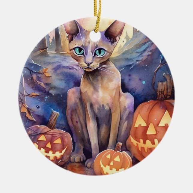 Adorno De Cerámica Gato abisano de Halloween con calabazas aterradora (Frente)