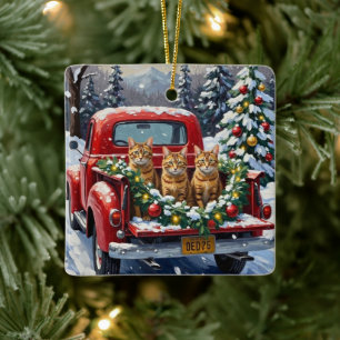 Adorno De Cerámica Gato Abisinio Camión Rojo de Navidad Fiesta