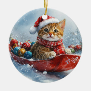 Adorno De Cerámica Gato Abisinio en Trineo Deja que Nieve Navidad