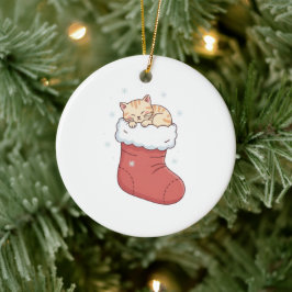 Adorno De Cerámica Gato Acogedor en Media de Navidad - Gatito Durmien