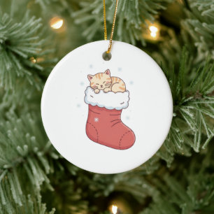 Adorno De Cerámica Gato Acogedor en Media de Navidad - Gatito Durmien