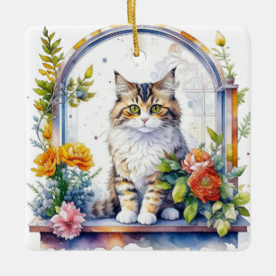 Adorno De Cerámica Gato acuarela en ventana floral personalizado