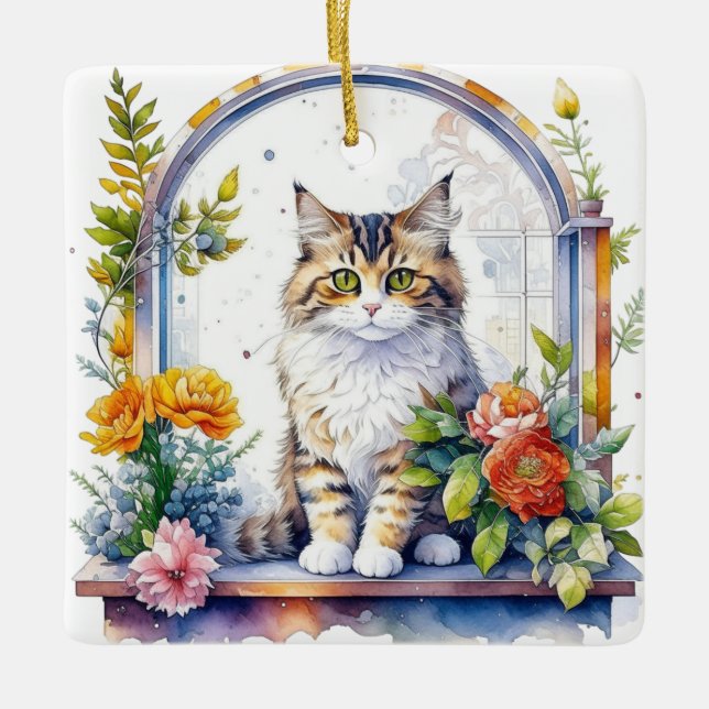 Adorno De Cerámica Gato acuarela en ventana floral personalizado (Anverso)