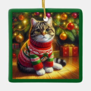 Adorno De Cerámica Gato Adorable con un Suéter de Navidad