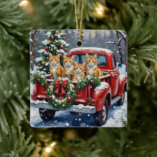 Adorno De Cerámica Gato Angora Turco Navidad Camión Rojo Fiesta