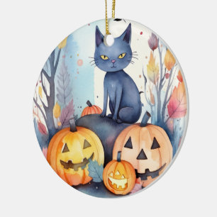 Adorno De Cerámica Gato Azul Oriental de Halloween con Calabazas Espe