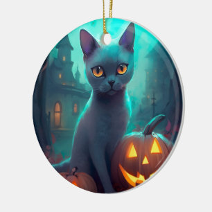 Adorno De Cerámica Gato azul ruso de Halloween con calabazas aterrado